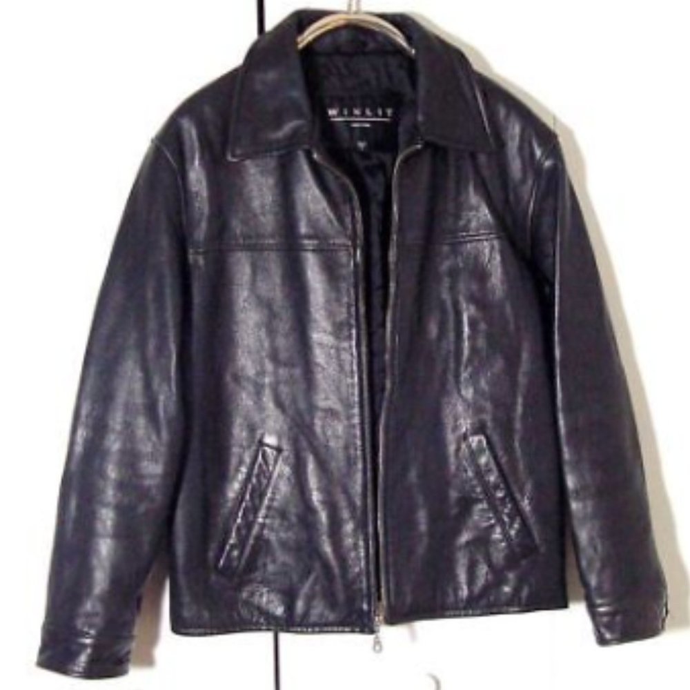 Vtg Black Leather Winlit New York Moto Jacket Side Snaps Sz L